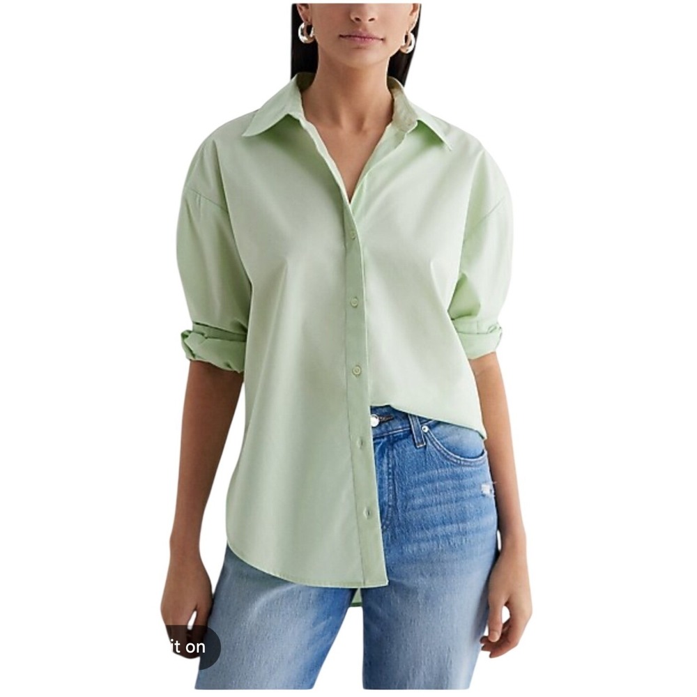 Express Womens Boyfriend Portofino Mint Green Shirt Size M Popover Button Down